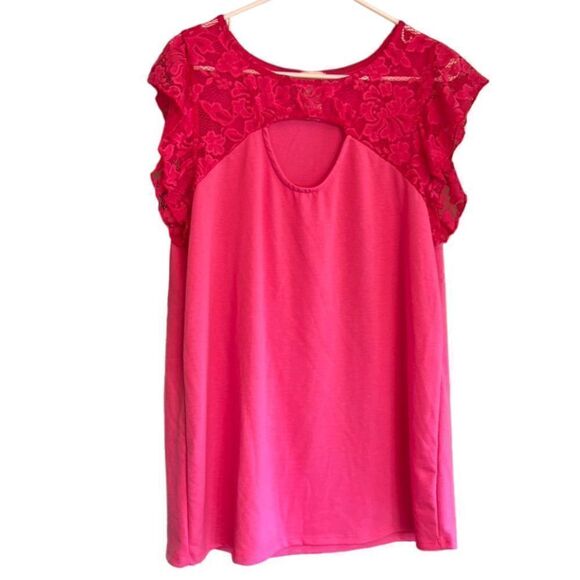 Women's BiBi XL Hot Pink Lace Sleeve Blouse Round Neck Keyhole  Loose Fit - Picture 2 of 4